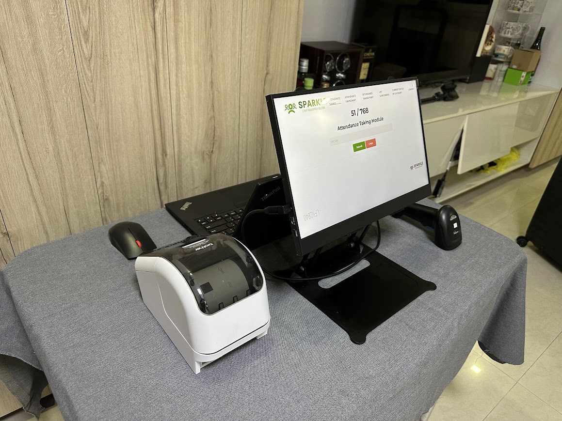 Onsite event registration equipment with monitor, QR scanner and badge printer