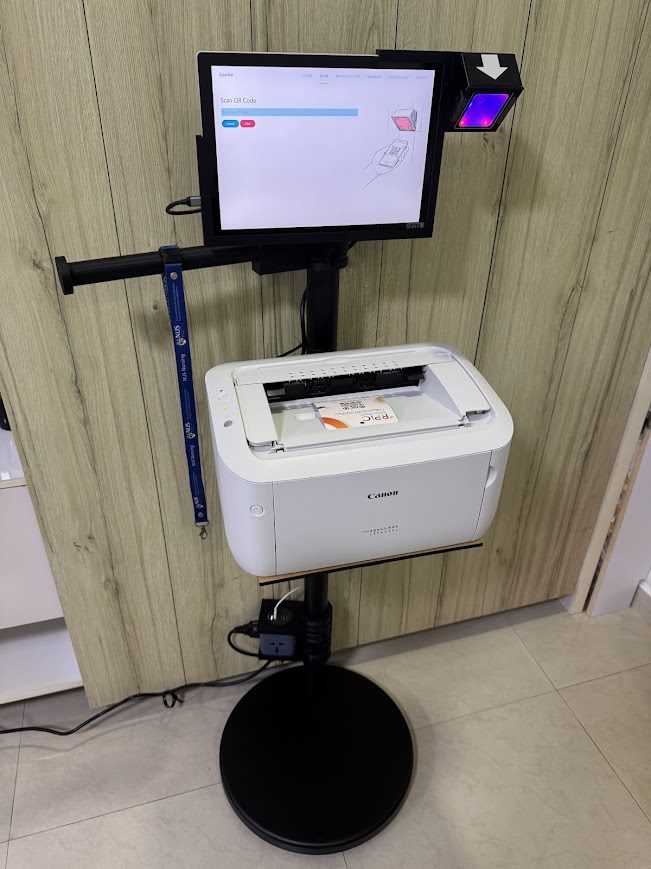 Self-service QR code check-in kiosk with printer and scanner for event registration